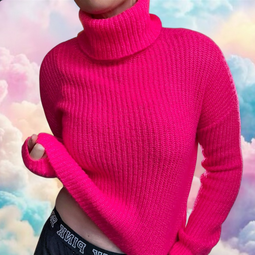 So • Slouchy Hot Pink Turtleneck Sweater